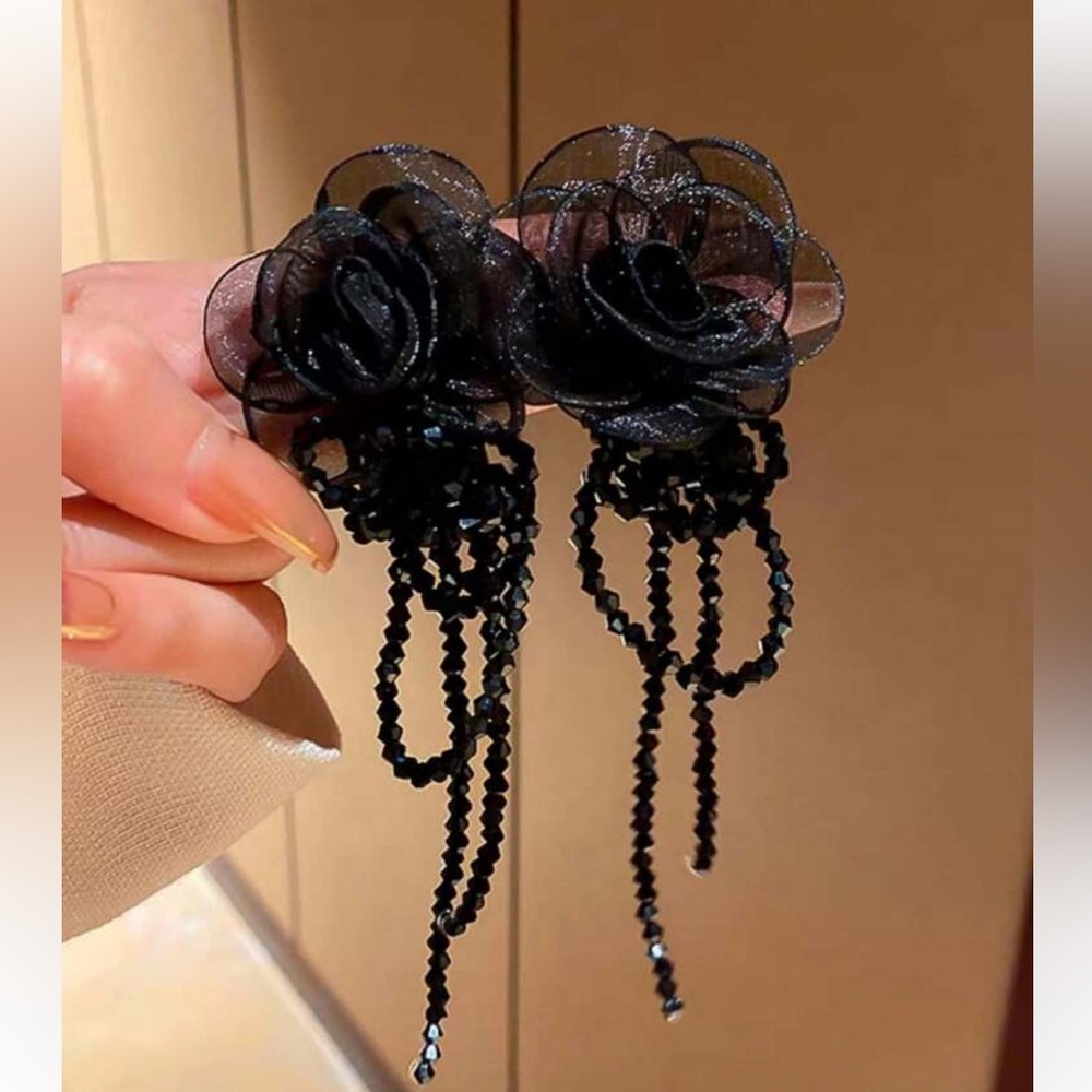 Black Organza Rose Beaded Fringe Drop Earrings NEW 🏷️